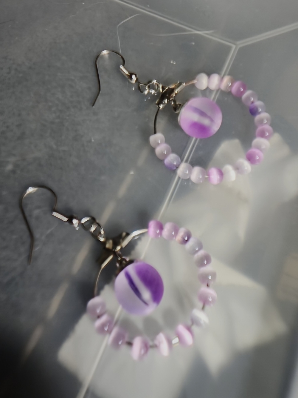 Lavender Beaded Hoop Earrings with Striped Accent Bead